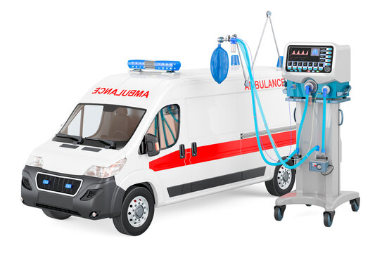 Ambulance van with medical ventilator, ICU. 3D rendering