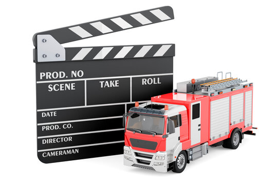 Clapperboard with fire engine truck, 3D rendering