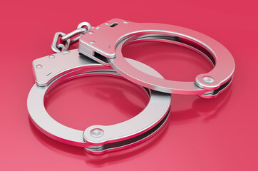 Handcuffs in trending viva magenta colors, 3D rendering