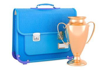 Schoolbag with gold trophy cup award. 3D rendering