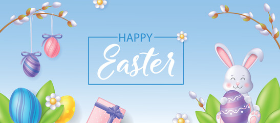 Obraz na płótnie Canvas Easter day banner in 3d realistic modern design. Colourful eggs with ornaments, cute bunny hold egg, flowers and plants, spring holiday at horizontal template poster. Vector illustration for web