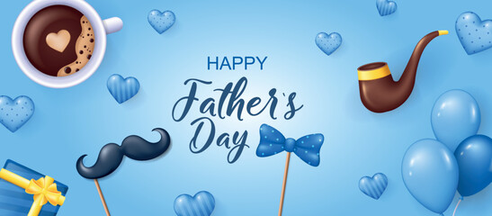 Happy father day banner in 3d realistic modern design. Mustache, bow tie, coffee cup, smoking pipe, balloons and gifts, holiday elements at horizontal template poster. Vector illustration for web