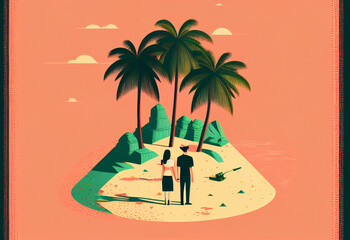 Silhouette of couple in love against background of abstract tropical island..