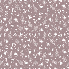 Seamless vector pattern in doodle style with small flowers and twigs on a brown background