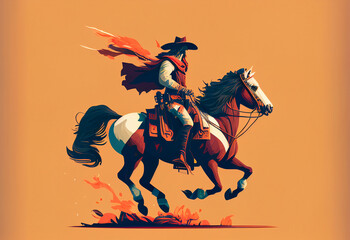 Cowboy riding horse. Rider riding in desert..
