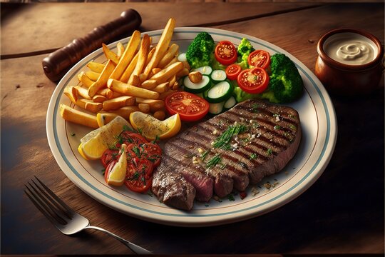 Grilled sirloin steak with potato fries and vegetables, tomato salad