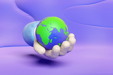3d hand holding planet earth from plasticine isolated on blue background. world clay toy icon, earth day concept, 3d render illustration, clipping path