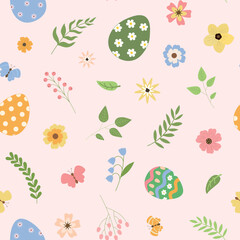 Easter floral eggs seamless pattern. Cute spring vector illustration. Background for fabric, scrapbooking, wrapping, wallpaper.