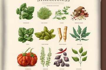 Vector food icons of herbs and vegetables, salads and spices. Colored sketch of food products - obrazy, fototapety, plakaty