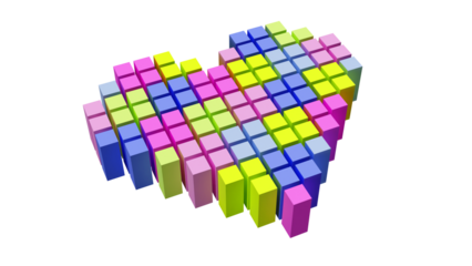 Geometric heart divided in pixel blocks on pastel colors without background