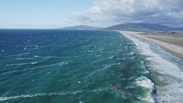hundreds of kiters ride in the ocean