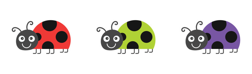 A set of colorful Ladybug icon. Cute cartoon kawaii funny baby character. Side view. Happy Valentines Day. Sticker template. Flat design. Isolated. White background.
