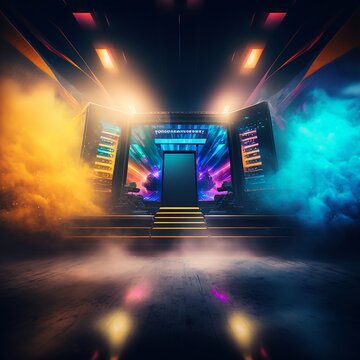 A Esports Stage | Stylish Neon Lights With Cool Design | Esports Event At Big Arena With A Lot Of Lights And Screens | A Studio For Holding Esports Championships In Neon 