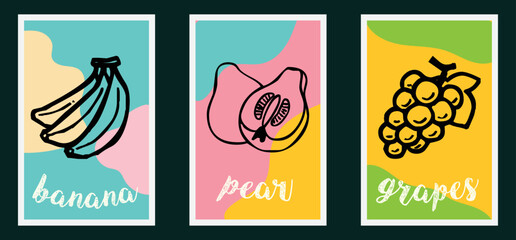 Vector hand drawn fruit posters. Vintage style. Retro fruit background. Sketch