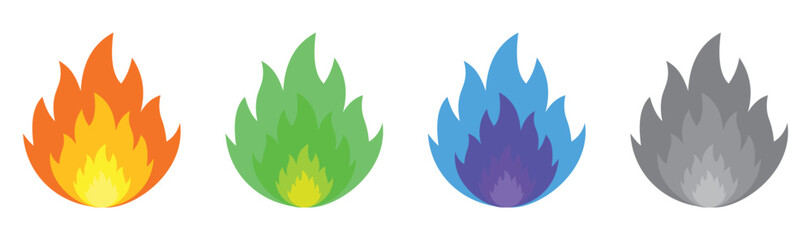 vector illustration of burning bonfire with wood on white background. A set of colorful flames design.