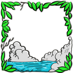 Illustration design graphic background view of blue sea water with clouds and green leaves