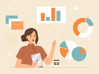 Young female sitting and holding tablet presenting data epitome work. Business summation presentation. Office conference. Information explaining. Working woman. Flat vector illustration.
