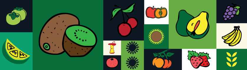 Organic fruit vegetable geometric pattern. Natural food background creative simple bauhaus style, agriculture vector design