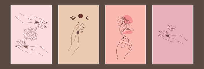 A set of poster design with the line art style hands, flowers and planets.