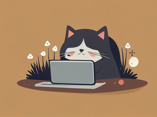 Cute cat works on laptop..