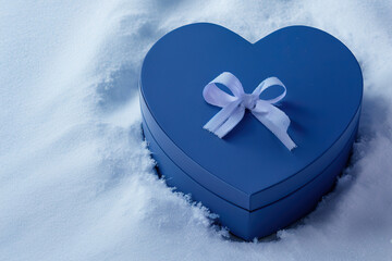 heart shaped blue gift box on snow, Generative AI