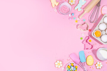Cute pink sweet baking flat lay for Easter holiday. Cooking background with baking ingredients,...