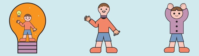 Electricity, light bulb and power concept illustration with cute kids characters. outline simple vector illustration.