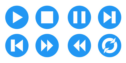 Media player icon set, play, stop, pause, next, previous, forward, backward, reload, icon set of media player with solid blue color