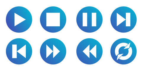 Media player icon set, play, stop, pause, next, previous, forward, backward, reload, icon set of media player with blue gradient color