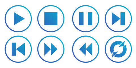 Media player icon set, play, stop, pause, next, previous, forward, backward, reload, icons sets of media player outlone with blue gradient color 