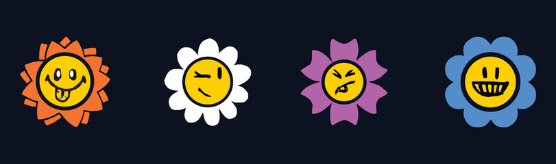 Daisy flowers with cartoon funny smiling faces, chamomile characters. Cute camomile happy emotion. Kids logo design with daisies vector set. Illustration of smile floral flower, bloom camomile