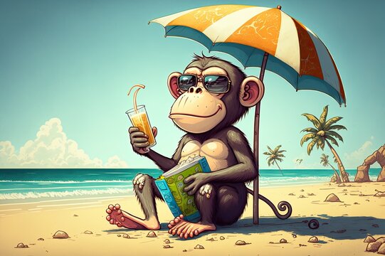 Illustration Monkey On The Beach Generative Ai