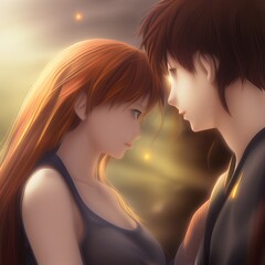 Jeune couple amoureux et romantique, fa&ccedil;on anime manga japonais, &eacute;clair&eacute; par le soleil, elle t&ecirc;te baiss&eacute;e, lui la regarde.