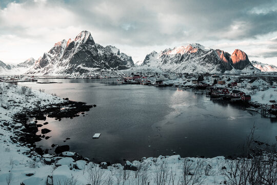 Mountains winter cold shots, photos with amazing epic weather conditions during sunset and beautiful sun light in Lofoten, Norway