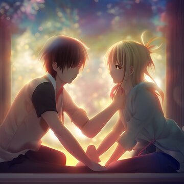 Jeune couple d'amoureux romantiques, façon anime manga japonais, qui se regarde un jour ensoleillé