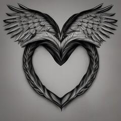 Coeur stylis&eacute; sculpt&eacute; en noir et blanc surmont&eacute; d'ailes d'anges