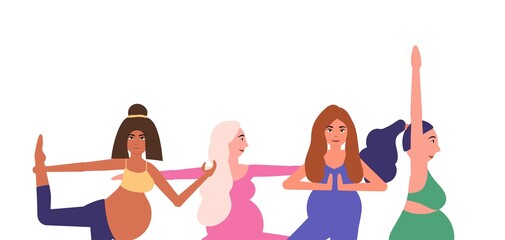 Beauty pregnant woman doing yoga poses. Hatha asanas complex,soft pregnant yoga. Health care and fitness concept. Active female characters. Place for text. Concept of a healthy pregnancy