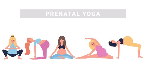 Beauty pregnant woman doing yoga poses. Hatha asanas complex,soft pregnant yoga. Health care and fitness concept. Active female characters. Place for text. Concept of a healthy pregnancy
