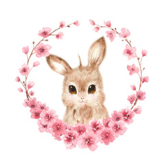 Watercolor Cute Easter Bunny with  Flowers Instant Download