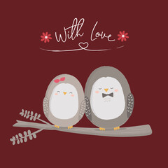 Illustration of Love Birds perched on a branch of a Tree getting closer to each other, flat illustration.