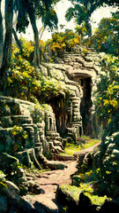 Mayan civilization forest land cave illustration art Generative AI Content by Midjourney