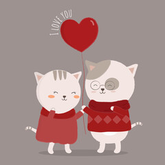 Isolated cat Cartoon couple embracing love with each other. Happy Valentine card design. Vector illustration