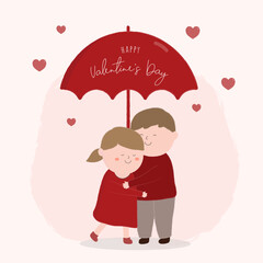 Happy valentine's day festival concept with tiny character. Loving couple holding umbrella under raining hearts and love emotion flat vector illustration.
