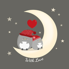 Two character sitting beside each other on half moon in a nature environment and stars.Vector art.