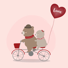 Greeting card: with love. Illustration of two bears on a bicycle. For wedding, anniversary, birthday, Valentin's day. Vector illustration. Isolated on white. T-shirt Graphics.