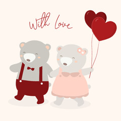 vector illustration of bear holding hand with balloons with love illustration. two bear holding hands. flat design mouse. animal wallpaper.