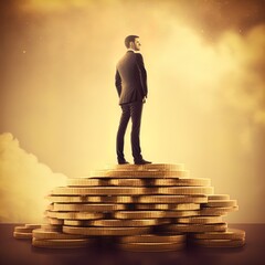 Businessman standing on a huge pile of gold coins. Made with Generative AI.	
