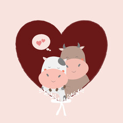 Adorable cow couple inside a heart isolated object. Cow illustration. Valentine's day illustration