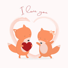 Fox love vector illustration. Cartoon. flat cute happy fox couple standing with each other with heart in background. Valentine day celebration card isolated.
