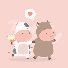 Vector illustration of two happy cow walking with each other. with flowers in hand. Greeting card concept for Valentines Day. Share your love